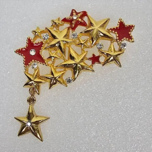 Vintage Shooting Star Cluster Brooch Pin Massive Statement Red Enamel Rhinestone - Picture 7 of 8
